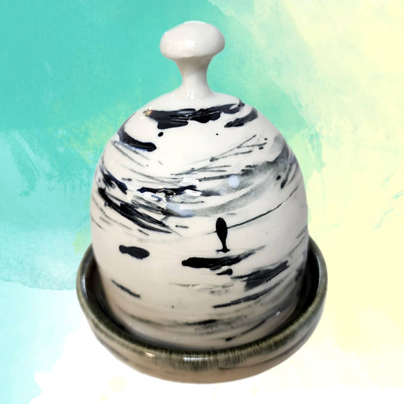 Artist Signed Studio Art Pottery Butter Dish Lid With Base Black and Gray Swirls - Picture 1 of 9